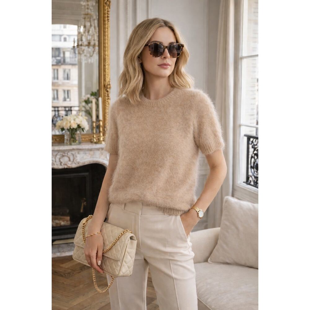 Michael Kors 80% Angora Sweater Women Medium Tan Nude Fuzzy Luxury Soft Designer